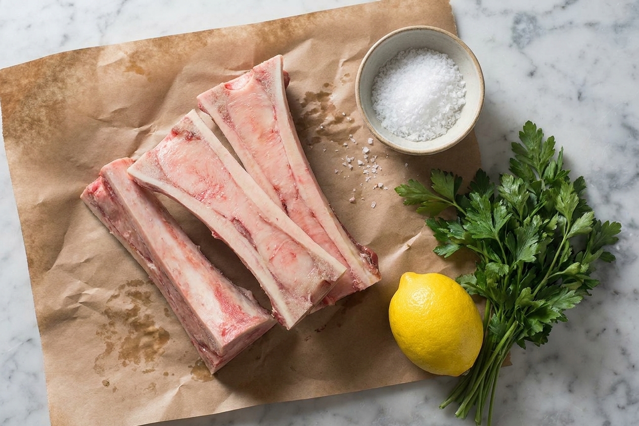 Raw beef marrow bones cut lengthwise resting on butcher paper with a small bowl of flaky salt, a lemon, and a bunch of parsley on a kitchen counter
