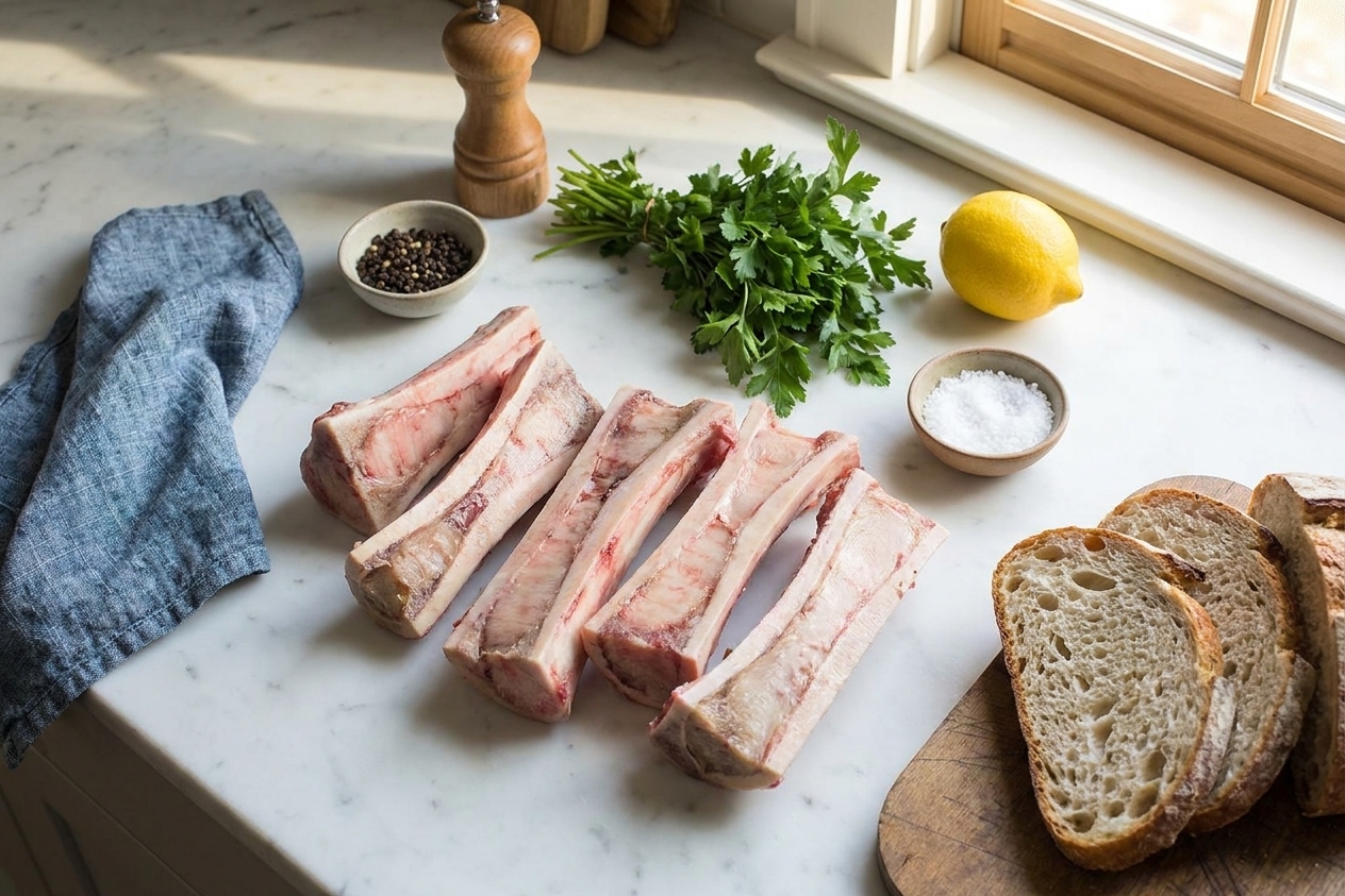 Raw beef marrow bones, parsley, lemon, flaky salt, black pepper, and sliced bread laid out on a clean kitchen counter with warm natural light