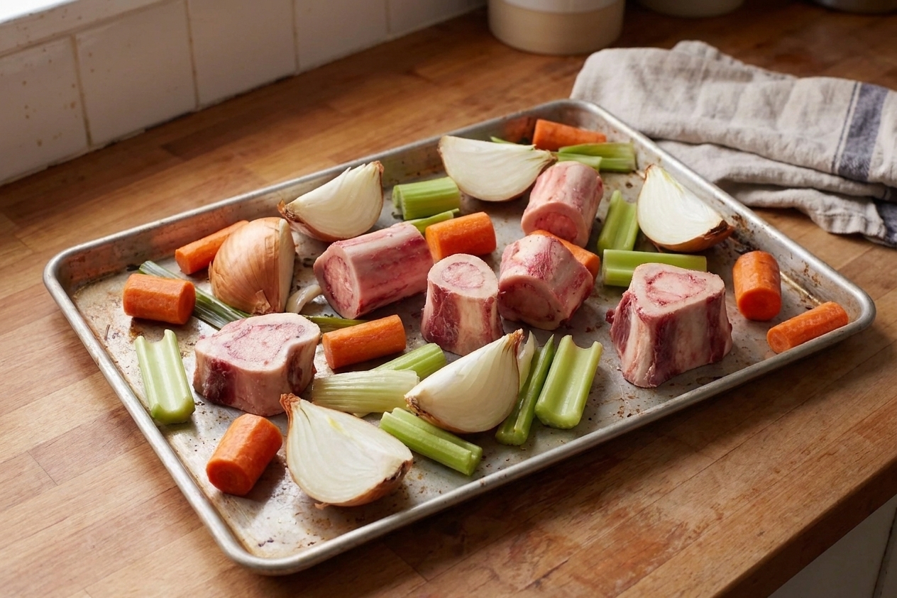 Raw beef marrow bones with onions, carrots, and celery arranged on a sheet pan on a bright kitchen counter