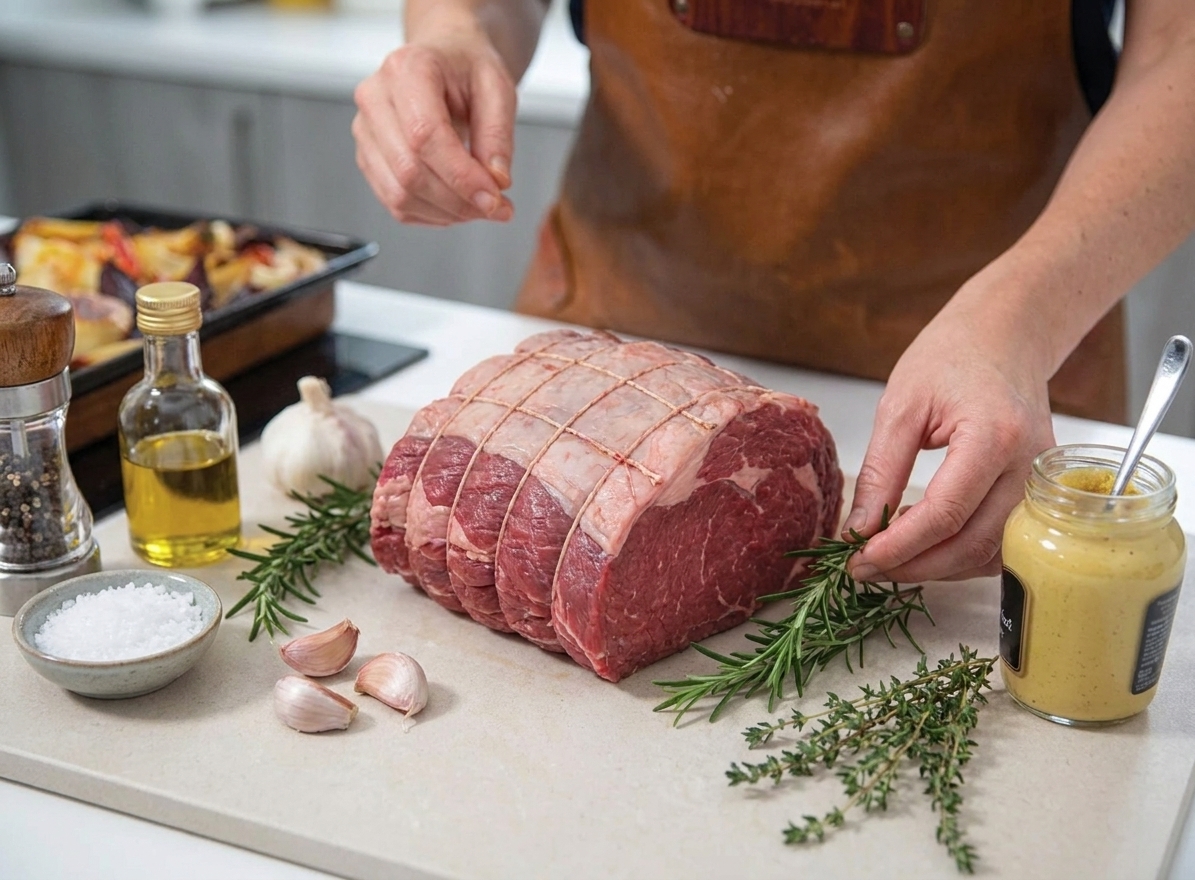 Raw beef roast, garlic, fresh herbs, salt, pepper, olive oil, and Dijon mustard arranged on a light kitchen counter