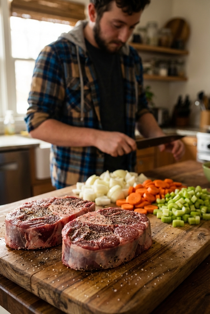 Raw beef shanks seasoned with salt and pepper on a cutting board next to chopped onion, carrots, and celery