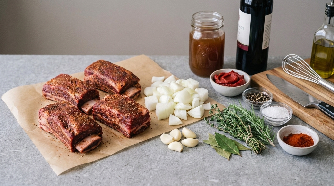 Raw beef short ribs, onions, garlic, tomato paste, beef broth, red wine, herbs, and pantry seasonings arranged on a light kitchen counter