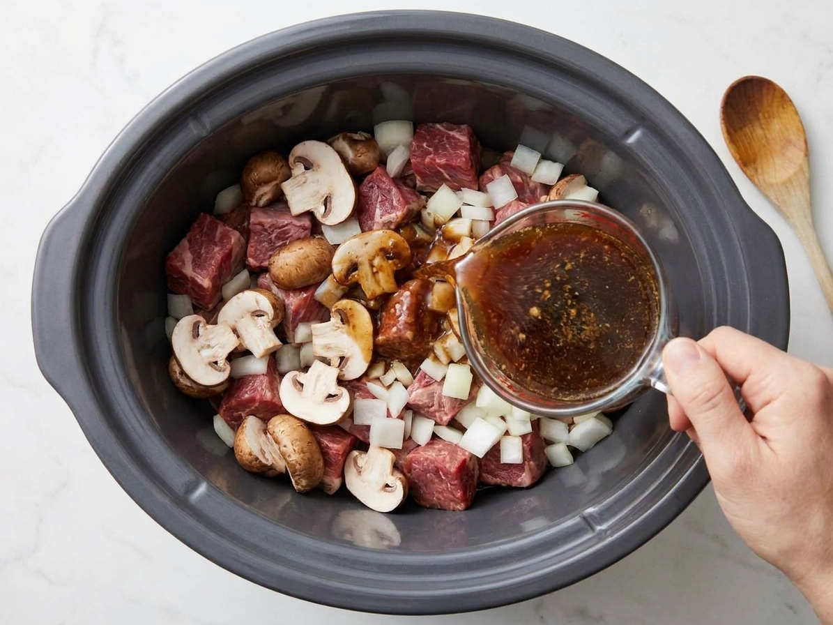 Raw beef, sliced mushrooms, and onions in a slow cooker as broth and seasonings are poured in
