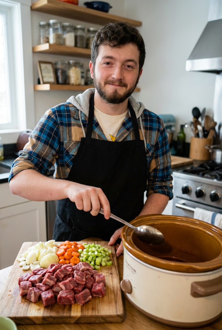 Raw beef stew meat on a cutting board with chopped onions, carrots, and celery nearby, ready to be added to a slow cooker