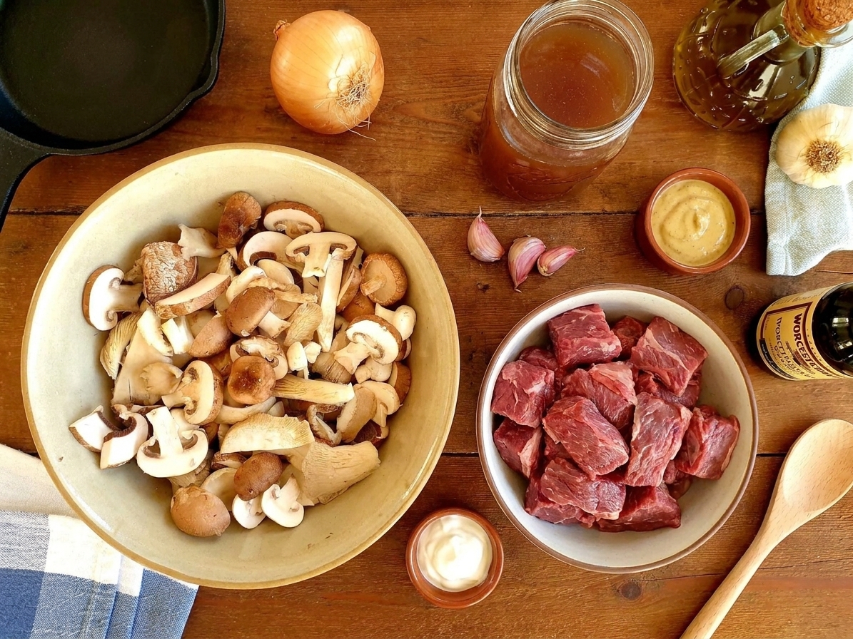 Raw beef stew meat, sliced mushrooms, onion, garlic, beef broth, Dijon mustard, Worcestershire sauce, and sour cream arranged on a clean kitchen counter in bright natural light