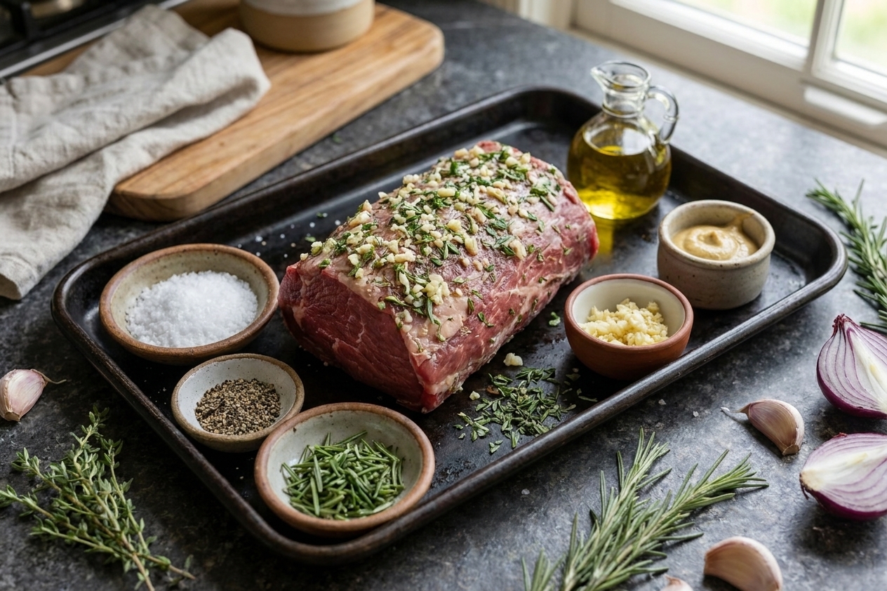 Raw beef striploin roast on a tray with small bowls of kosher salt, black pepper, chopped rosemary, thyme, minced garlic, Dijon mustard, and olive oil on a neutral kitchen counter