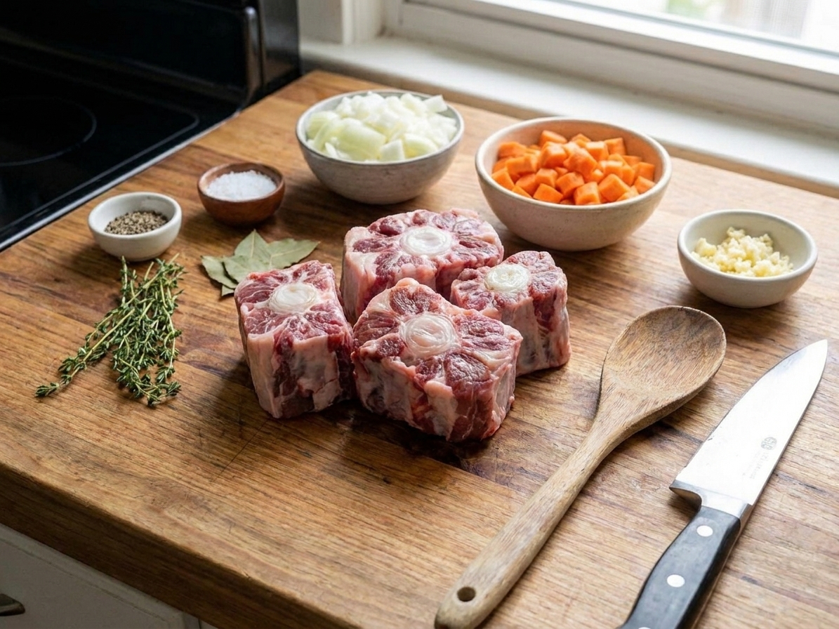 Raw beef tail pieces arranged on a wooden cutting board with salt, pepper, onions, carrots, and garlic nearby on a bright kitchen counter