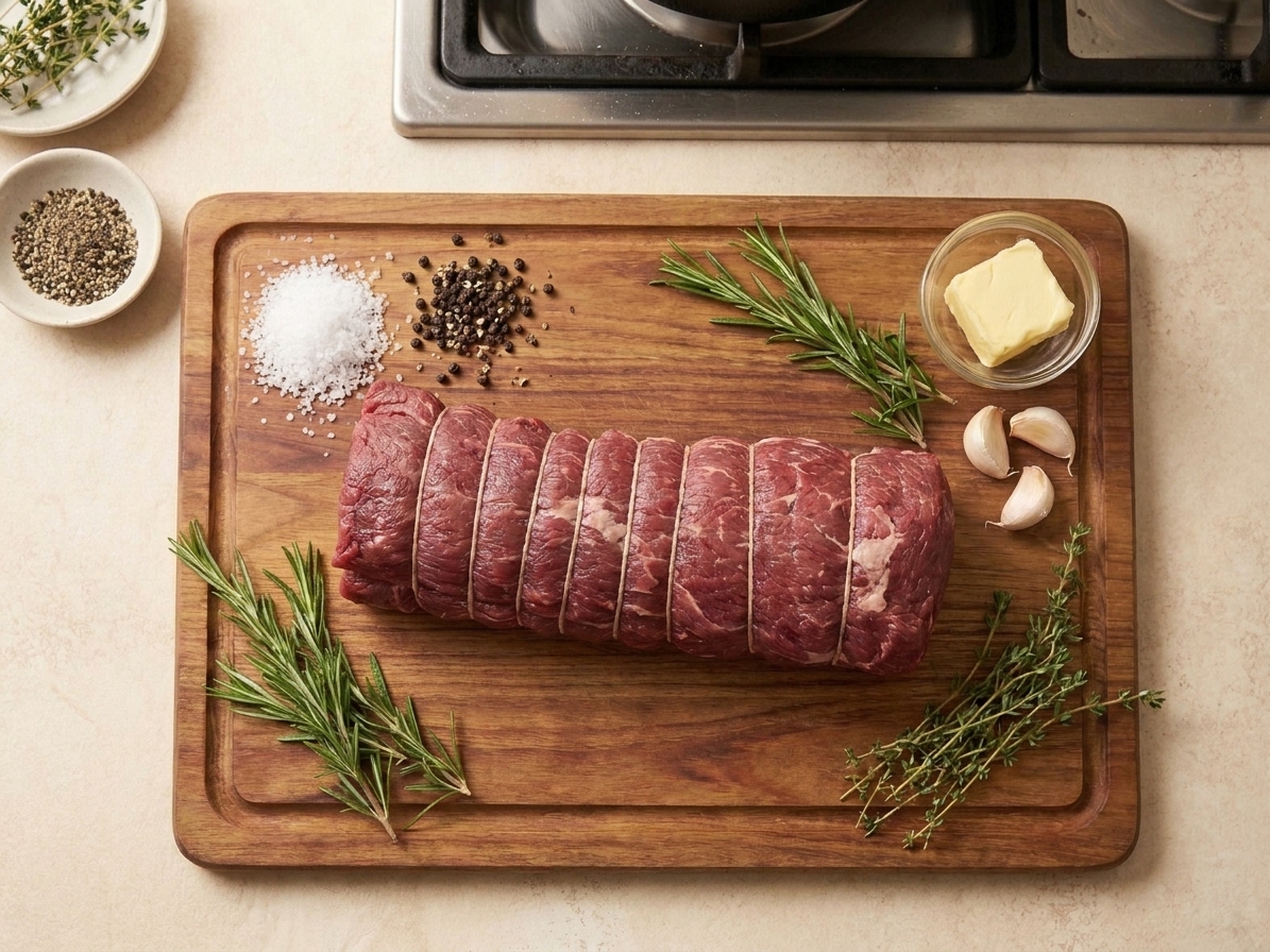 Raw beef tenderloin on a cutting board with kosher salt, black pepper, rosemary, thyme, garlic, and butter arranged nearby.