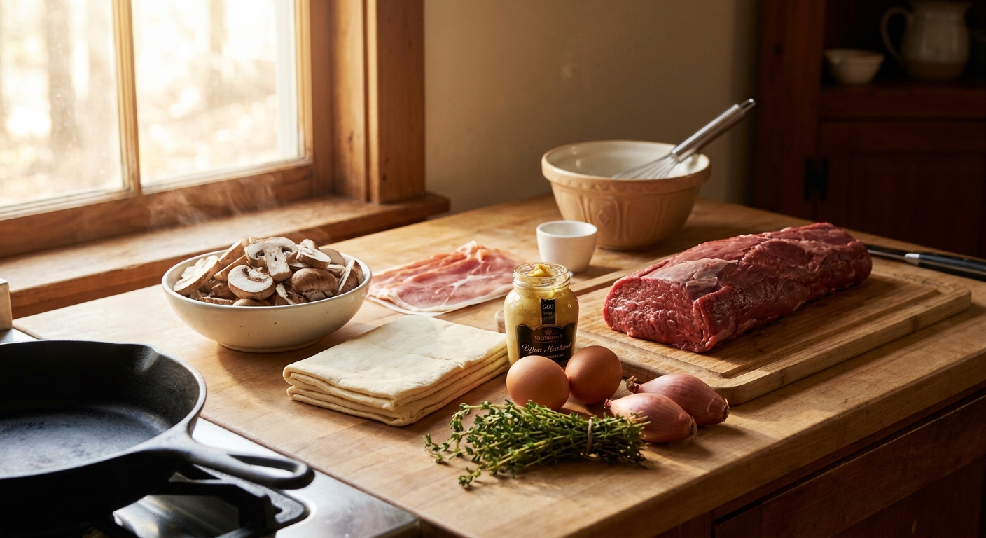 Raw beef tenderloin, puff pastry sheets, cremini mushrooms, prosciutto, Dijon mustard, eggs, thyme, and shallots arranged on a tidy kitchen counter in warm natural light