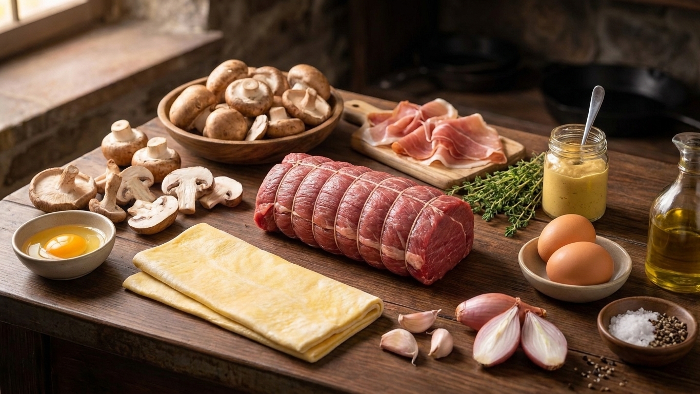 Raw beef tenderloin, puff pastry sheets, mushrooms, prosciutto, Dijon mustard, thyme, eggs, and aromatics arranged on a clean kitchen counter in a single overhead photo