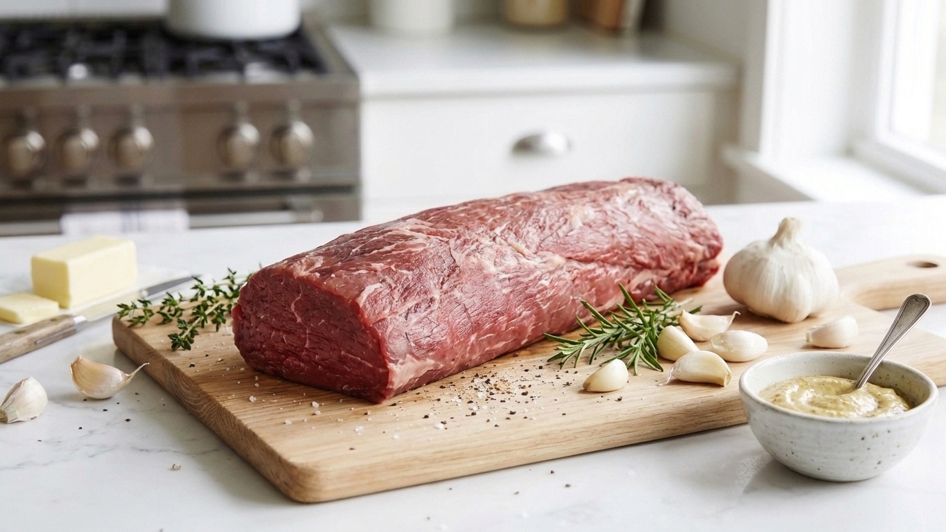 Raw beef tenderloin roast on a cutting board surrounded by garlic, fresh rosemary, thyme, butter, salt, pepper, and a small bowl of Dijon mustard on a bright kitchen counter