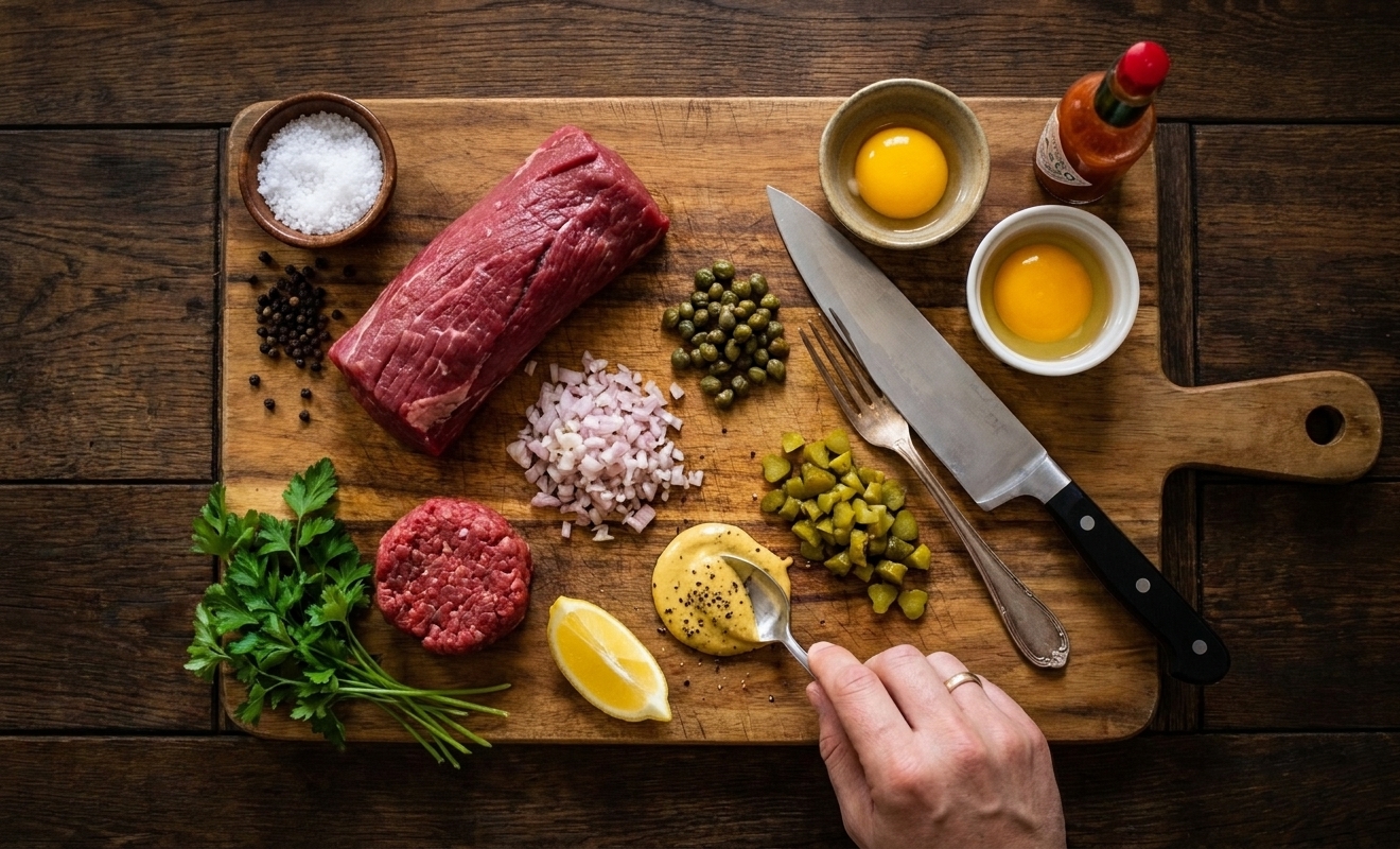 Raw beef tenderloin, shallot, capers, cornichons, Dijon mustard, lemon, parsley, egg yolks, salt, pepper, and hot sauce arranged on a wooden cutting board
