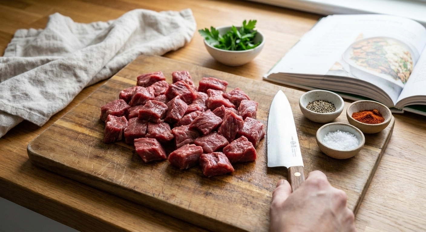 Raw beef tips cut into bite-size pieces on a wooden cutting board with a chef's knife and small bowls of salt, pepper, and paprika nearby
