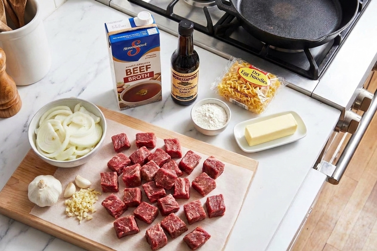 Raw beef tips, sliced yellow onion, minced garlic, beef broth, Worcestershire sauce, flour, butter, and egg noodles arranged on a bright kitchen counter