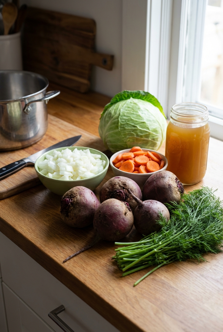 Raw beets, chopped onion, carrots, cabbage, dill, and broth ingredients arranged on a kitchen counter