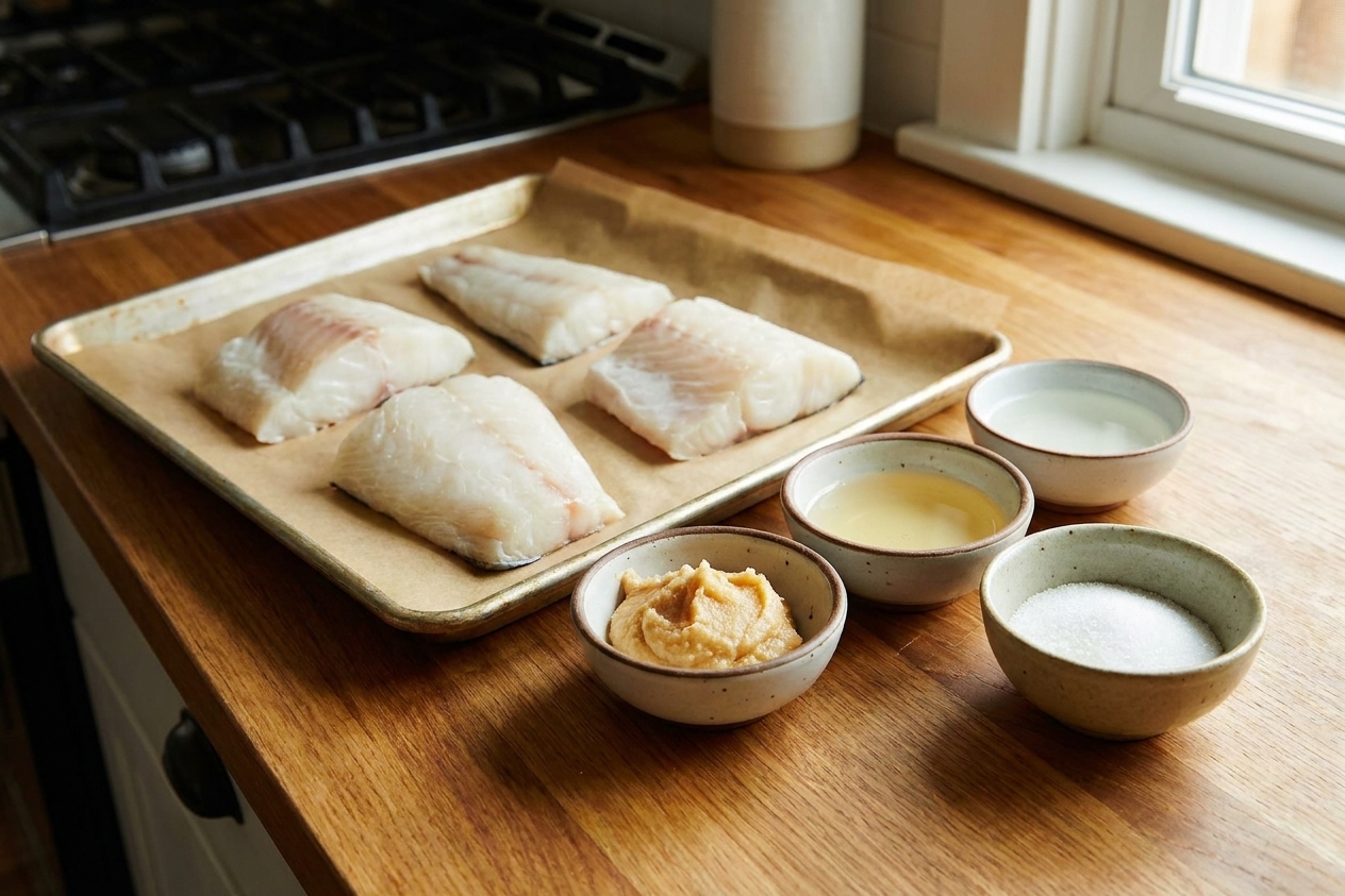 Raw black cod fillets on a parchment-lined sheet pan beside small bowls of white miso, mirin, sake, and sugar on a home kitchen counter