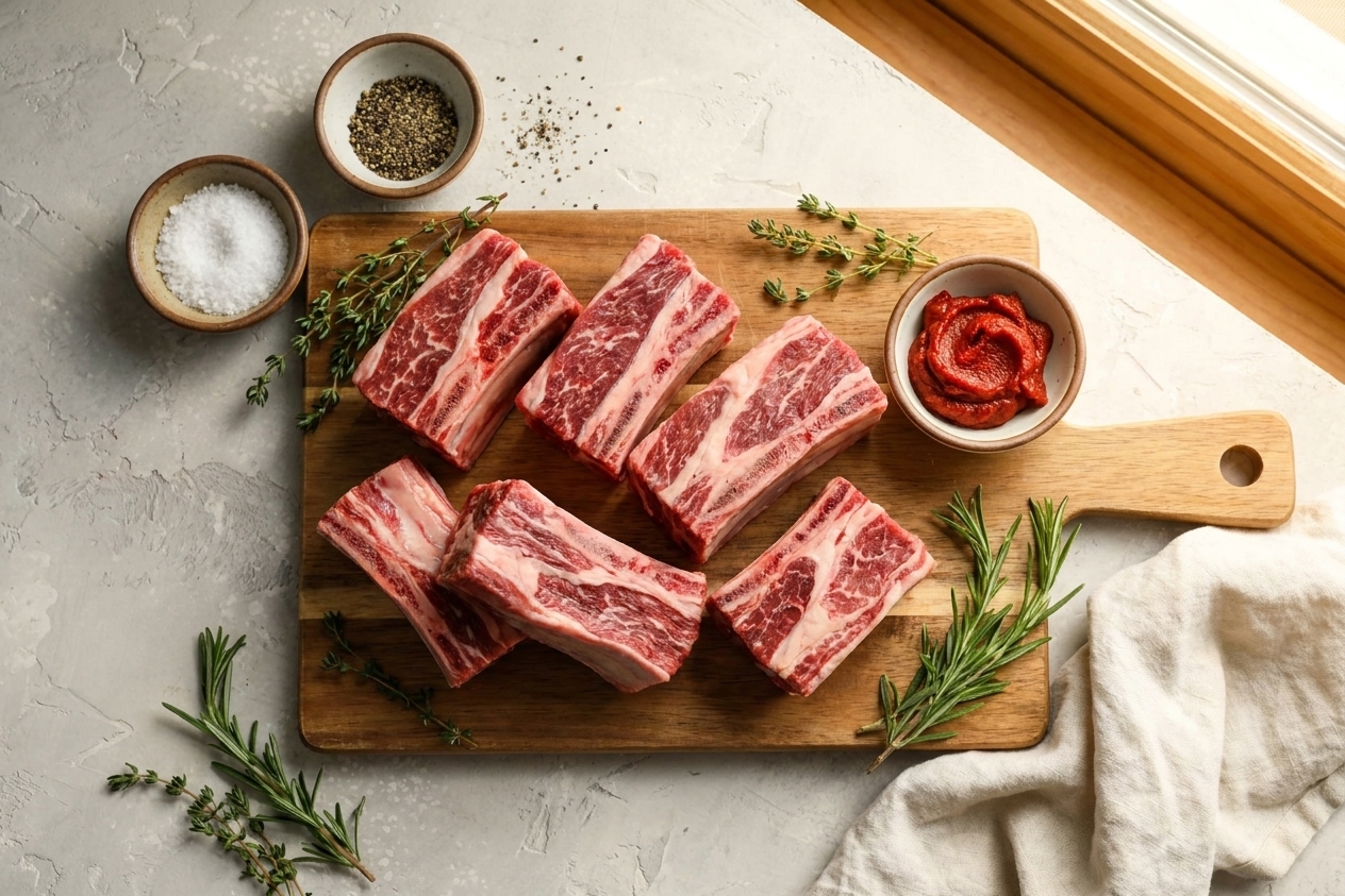 Raw bone-in beef short ribs arranged on a cutting board with bowls of salt, pepper, tomato paste, and herbs on a tidy kitchen counter