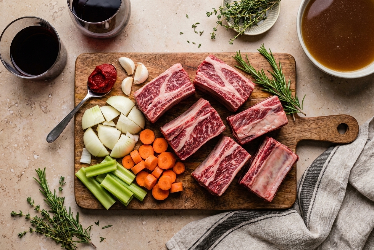 Raw bone-in beef short ribs arranged on a cutting board with onions, carrots, celery, garlic, tomato paste, red wine, and beef broth on a consistent, warmly lit kitchen counter