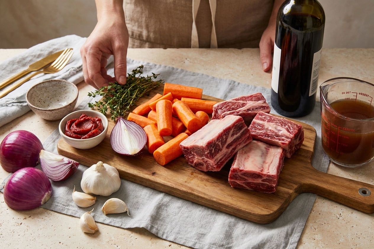 Raw bone-in beef short ribs, carrots, onion, garlic, tomato paste, red wine, beef broth, and fresh thyme arranged on a kitchen counter