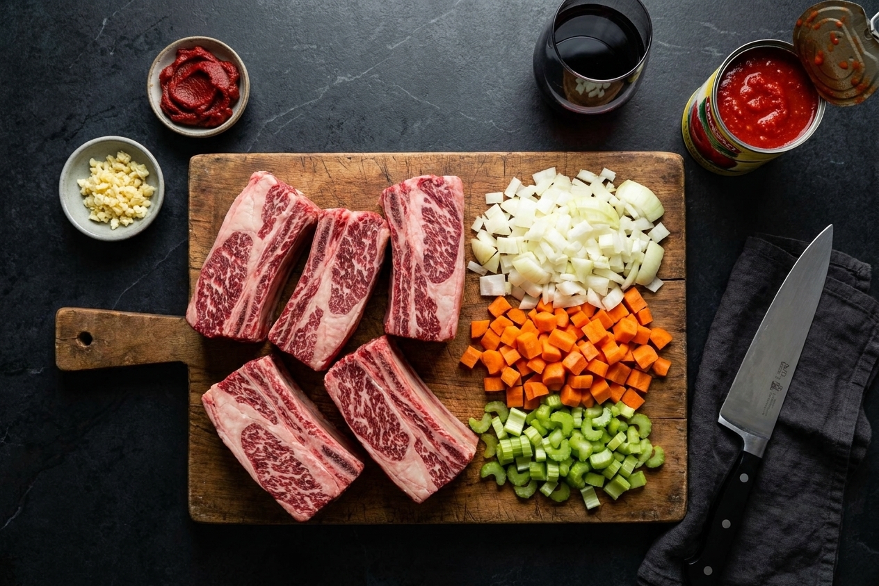 Raw bone-in beef short ribs on a cutting board beside chopped onion, carrot, celery, garlic, tomato paste, red wine, and canned tomatoes on a kitchen counter