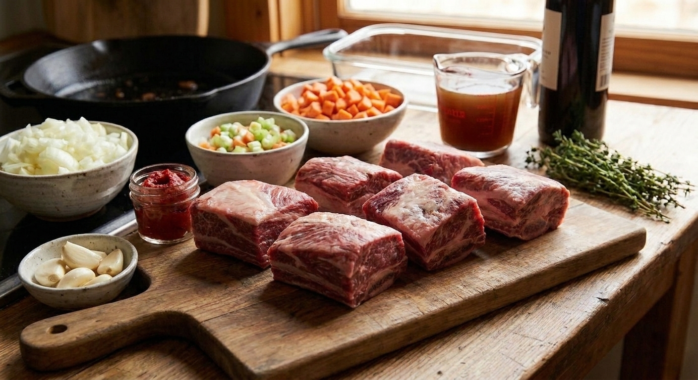 Raw bone-in beef short ribs with onions, carrots, garlic, tomato paste, beef broth, red wine, and fresh thyme arranged on a kitchen counter