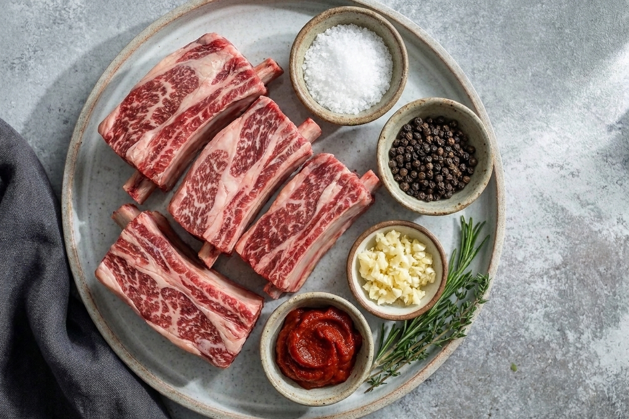 Raw bone-in beef short ribs with small bowls of salt, pepper, tomato paste, minced garlic, and herbs laid out for cooking
