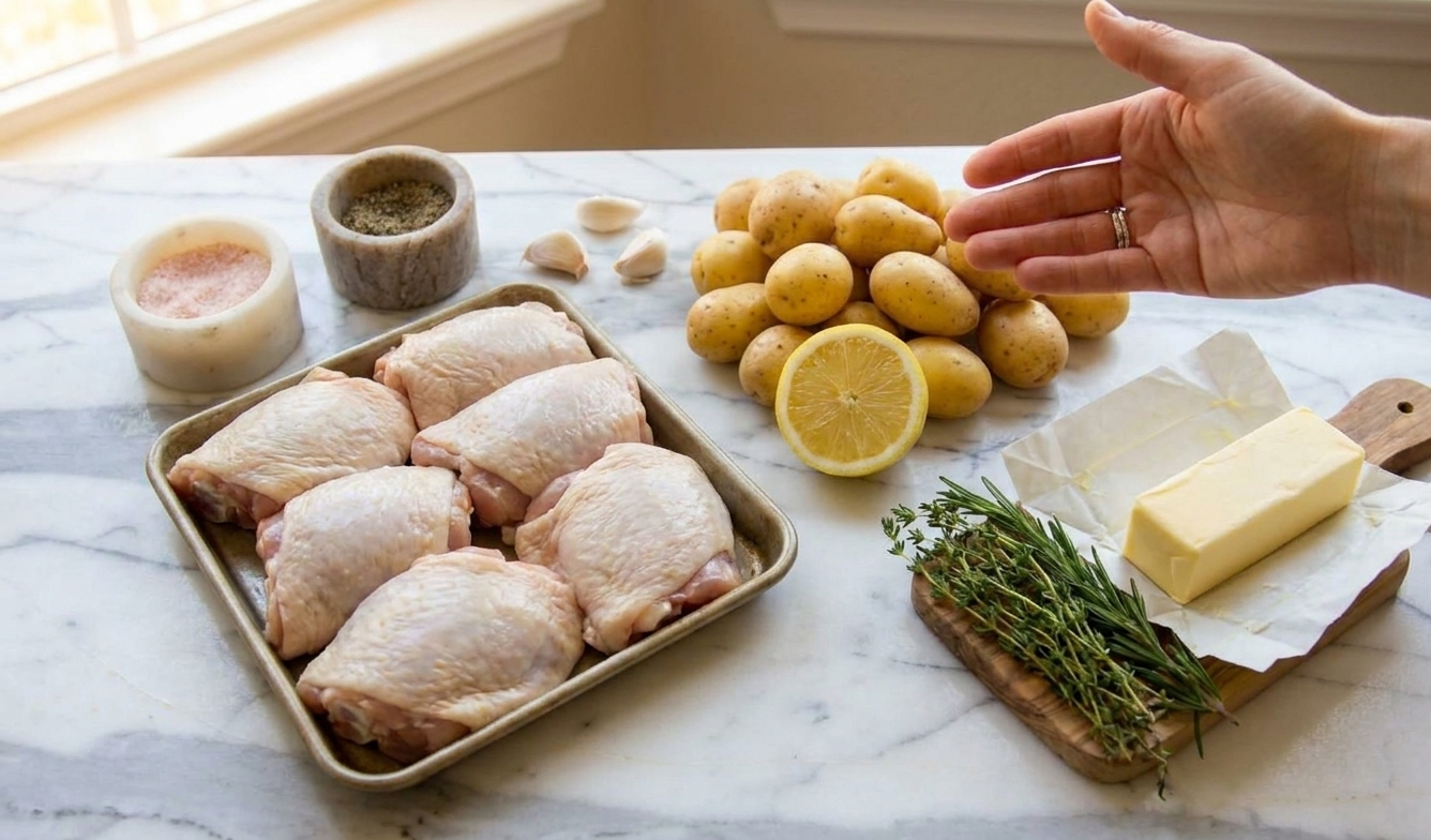 Raw bone-in chicken thighs, baby potatoes, garlic, lemon, butter, and herbs arranged on a clean kitchen counter, ready to cook
