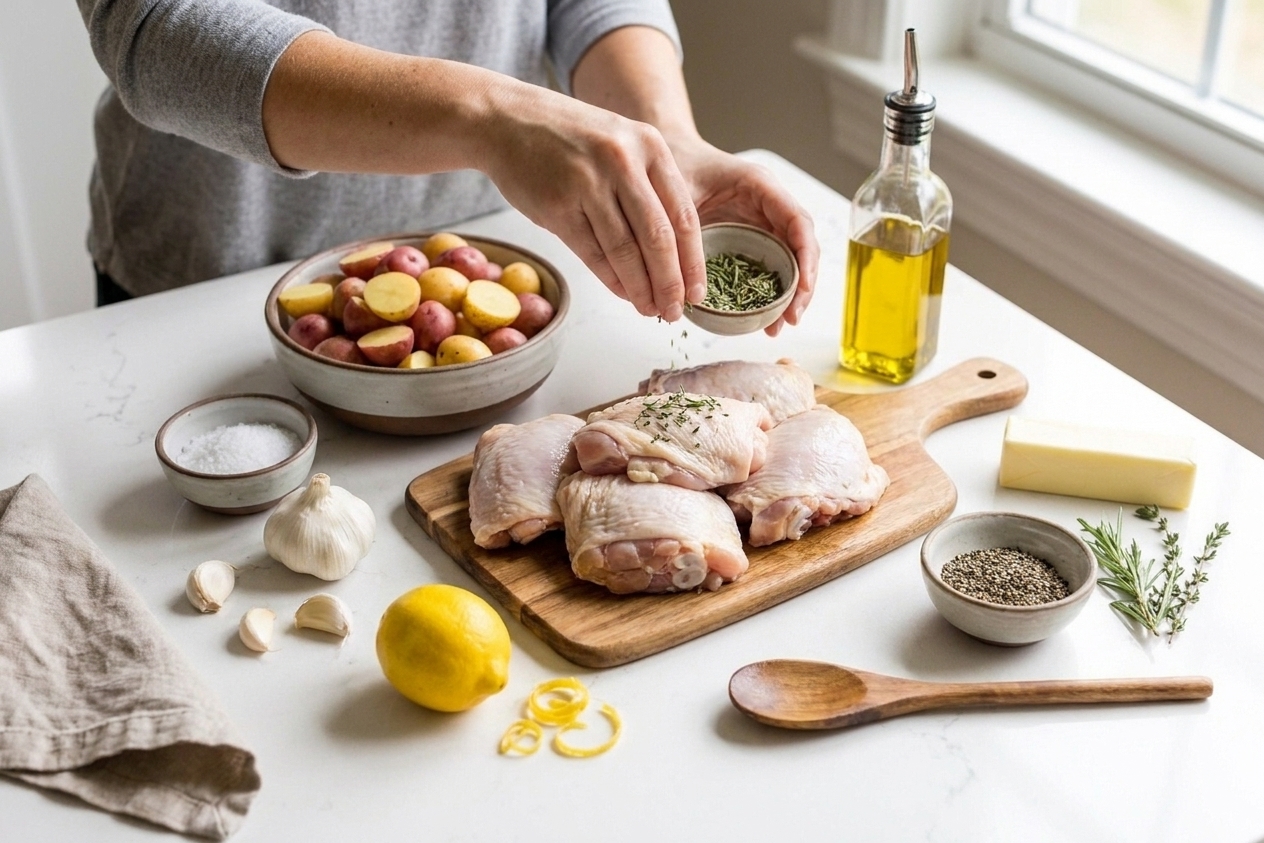 Raw bone-in chicken thighs, baby potatoes, garlic, lemon, olive oil, butter, and small bowls of salt, pepper, and herbs arranged on a kitchen counter