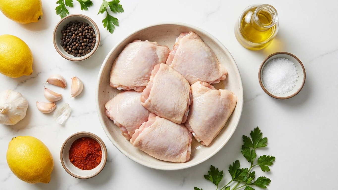 Raw bone-in chicken thighs, lemon, garlic, black pepper, paprika, salt, and olive oil arranged on a clean kitchen counter with small bowls