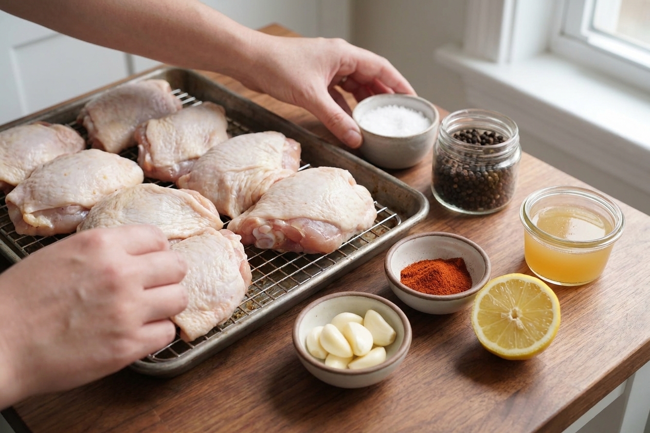 Raw bone-in chicken thighs on a tray with small bowls of salt, pepper, paprika, garlic, lemon, and chicken broth on a kitchen counter