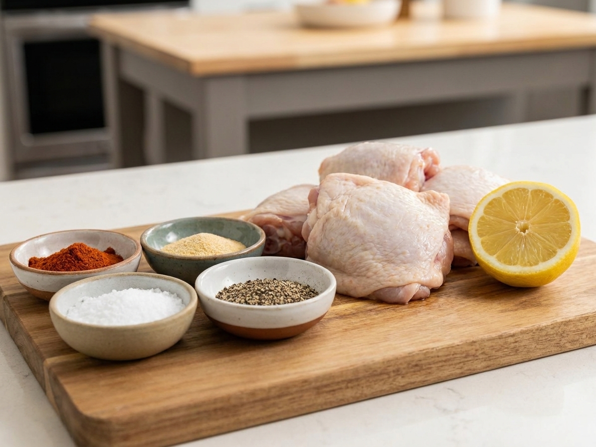Raw bone-in chicken thighs on a wooden cutting board surrounded by small bowls of paprika, garlic powder, salt, pepper, and a halved lemon on a kitchen counter