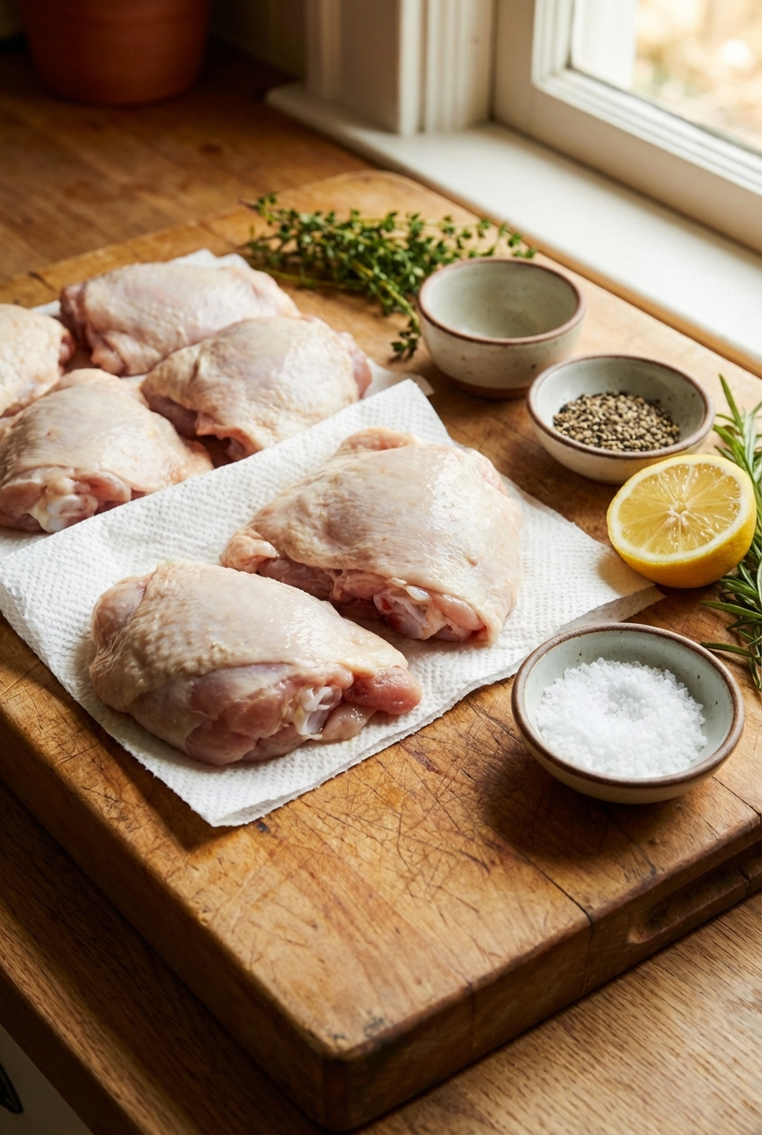 Raw bone-in chicken thighs patted dry on a cutting board with salt, pepper, lemon, and herbs nearby