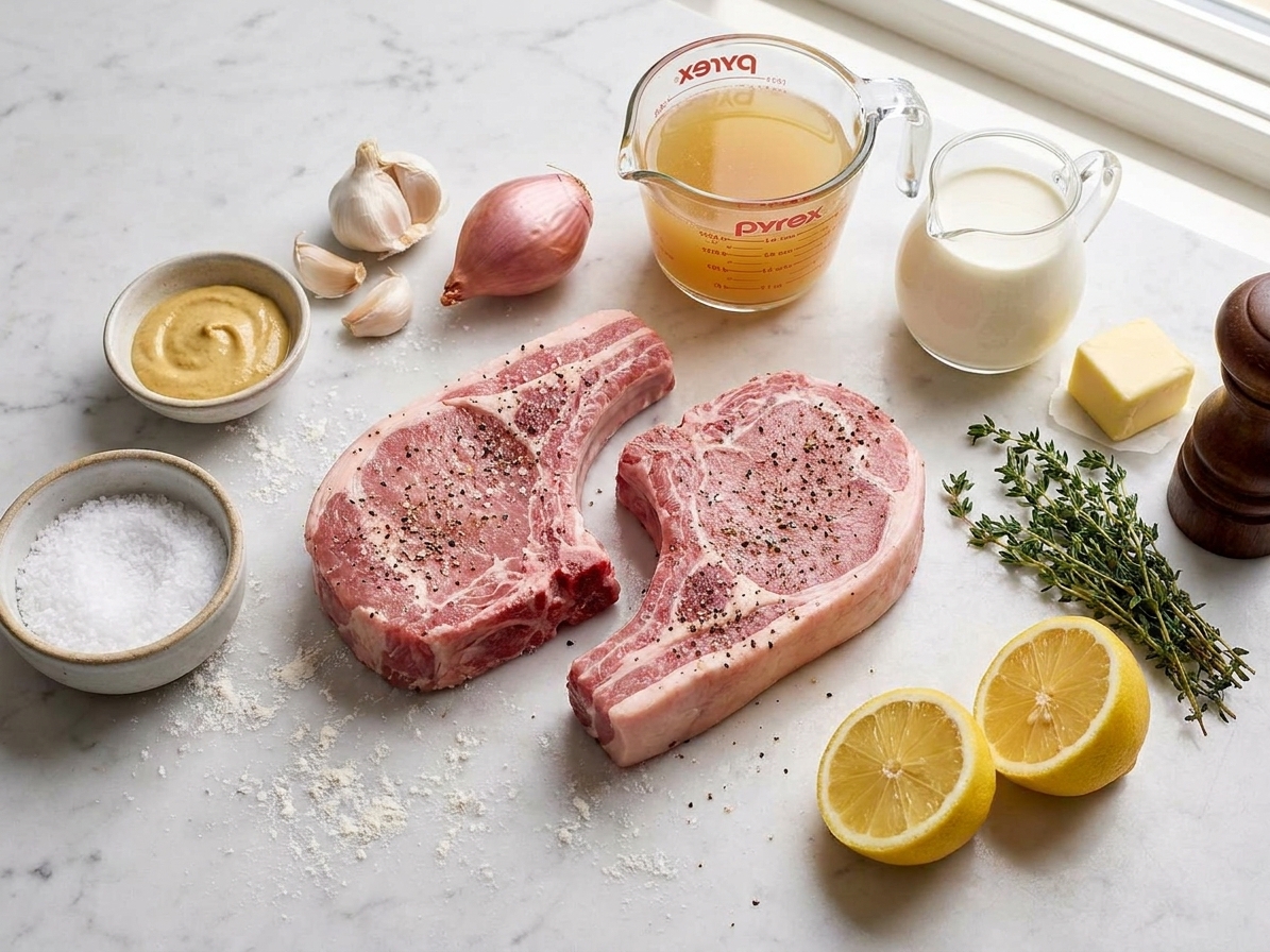 Raw bone-in pork chops, Dijon mustard, garlic, shallot, chicken broth, cream, butter, thyme, lemon, salt, and pepper arranged on a light kitchen counter
