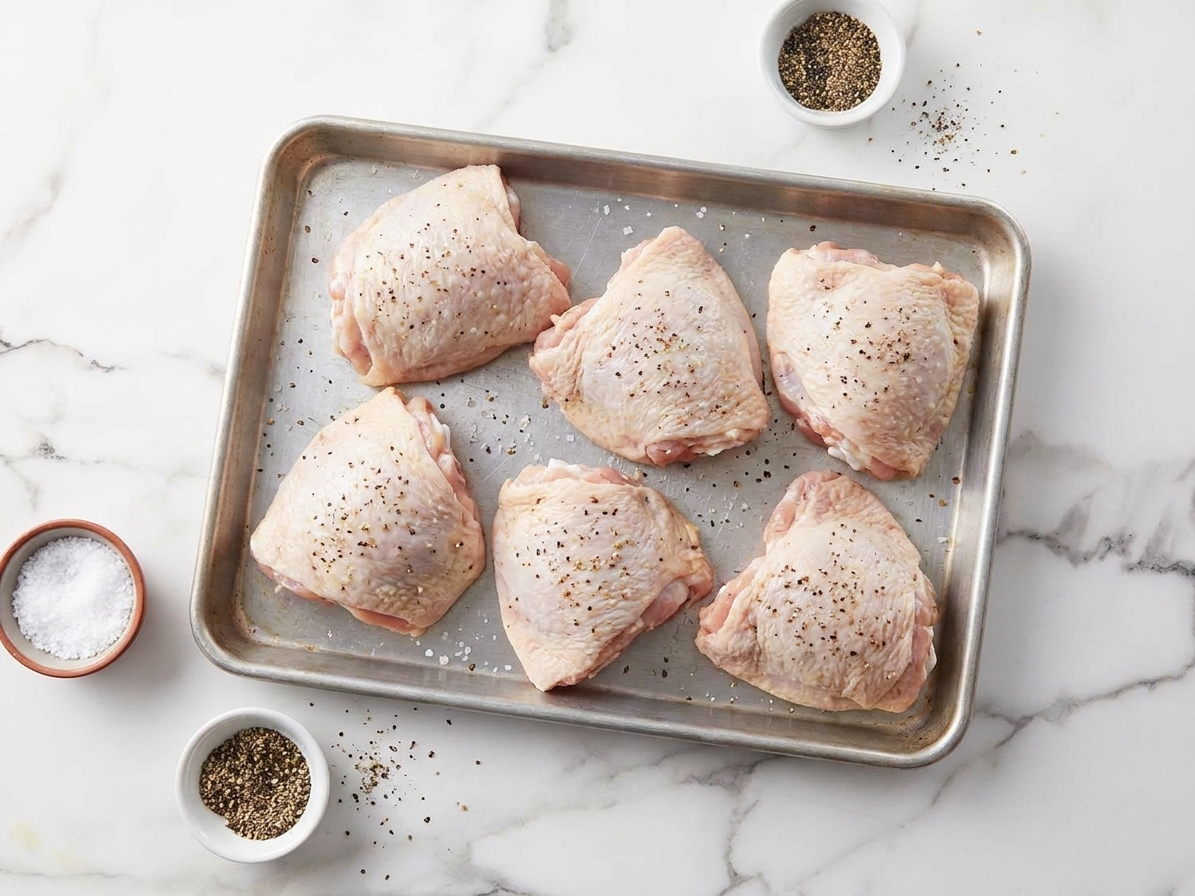 Raw bone-in skin-on chicken thighs patted dry on a sheet pan with salt and pepper nearby on a kitchen counter
