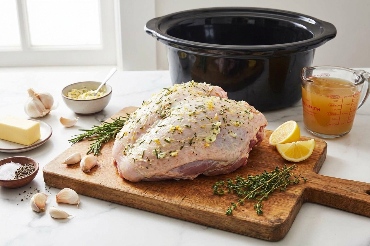 Raw bone-in turkey breast on a cutting board surrounded by butter, garlic, lemon, rosemary, thyme, salt, pepper, and chicken broth on a bright kitchen counter