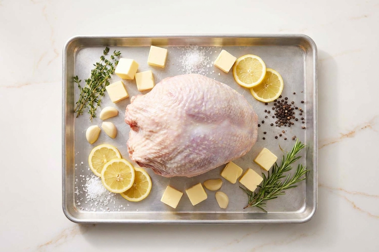 Raw bone-in turkey breast on a sheet pan surrounded by butter, garlic, lemon, salt, pepper, and fresh herbs on a clean kitchen counter