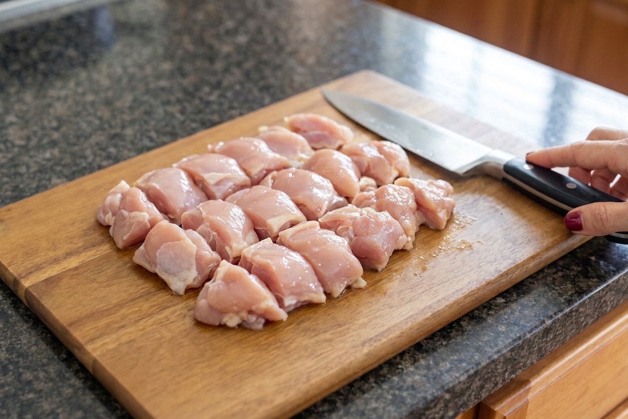 Raw boneless chicken thighs cut into even bite-size pieces on a wooden cutting board with a chef's knife nearby