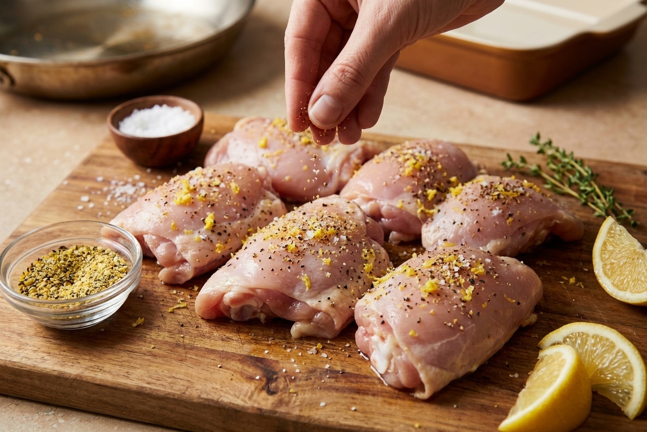 Raw boneless chicken thighs on a cutting board being seasoned with lemon pepper and a pinch of salt