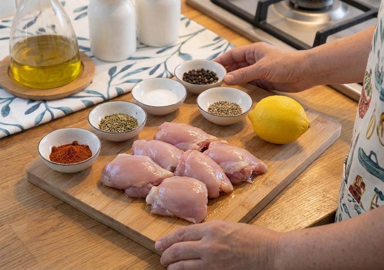 Raw boneless chicken thighs on a cutting board with small bowls of spices and a lemon on a kitchen counter