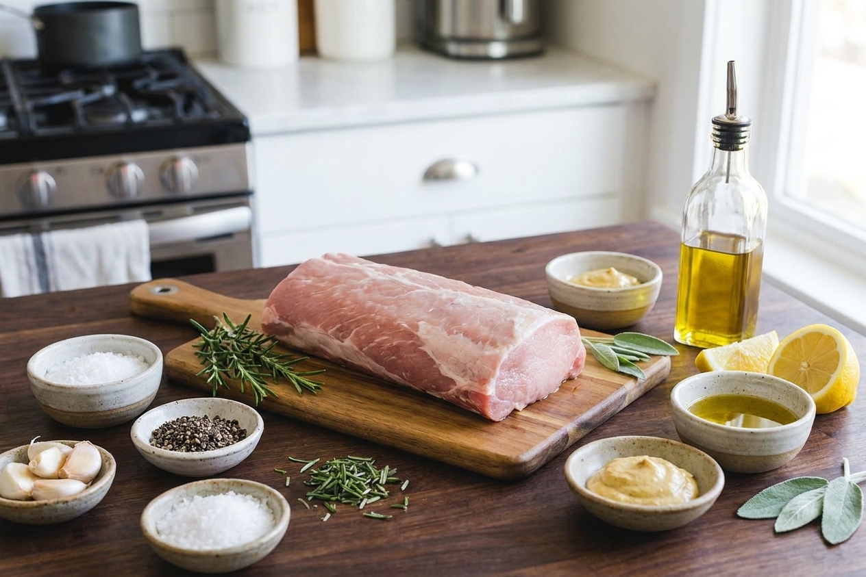 Raw boneless pork loin on a cutting board surrounded by small bowls of salt, pepper, garlic, rosemary, lemon, Dijon mustard, and olive oil on a bright kitchen counter
