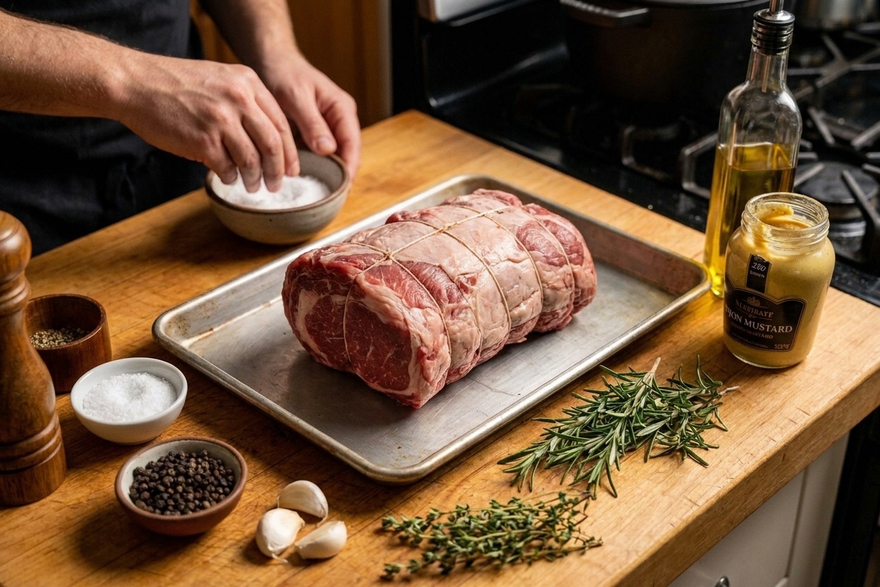 Raw boneless rib roast on a tray beside kosher salt, black pepper, garlic, rosemary, thyme, olive oil, and Dijon mustard arranged on a home kitchen counter with consistent warm lighting