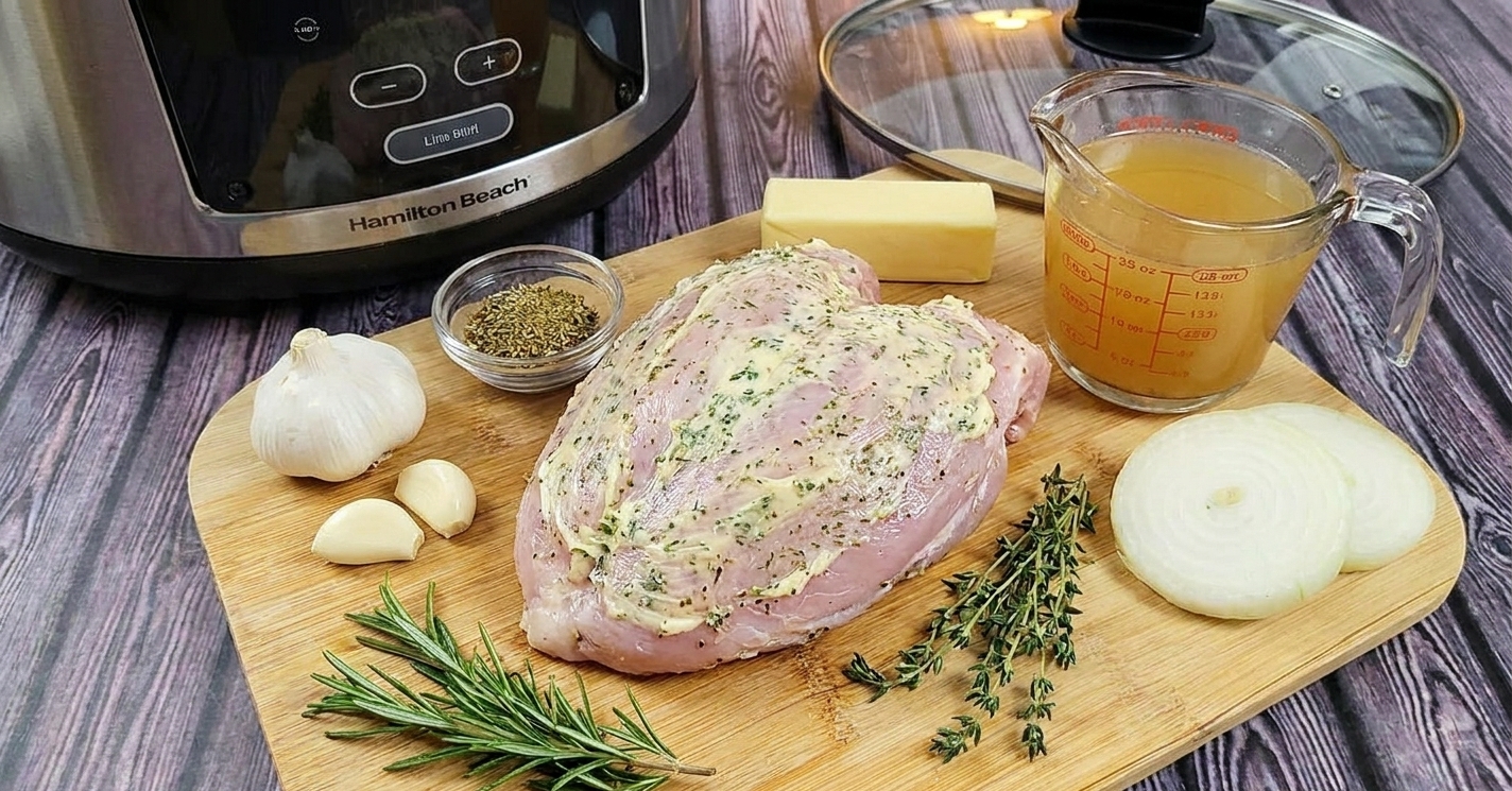 Raw boneless turkey breast, butter, garlic, herbs, chicken broth, onions, and spices arranged on a light kitchen counter next to a slow cooker