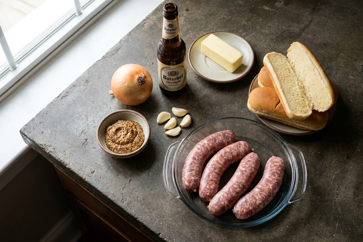 Raw bratwurst links, a yellow onion, garlic, whole grain mustard, a bottle of beer, butter, and buns arranged on a clean kitchen counter with natural light