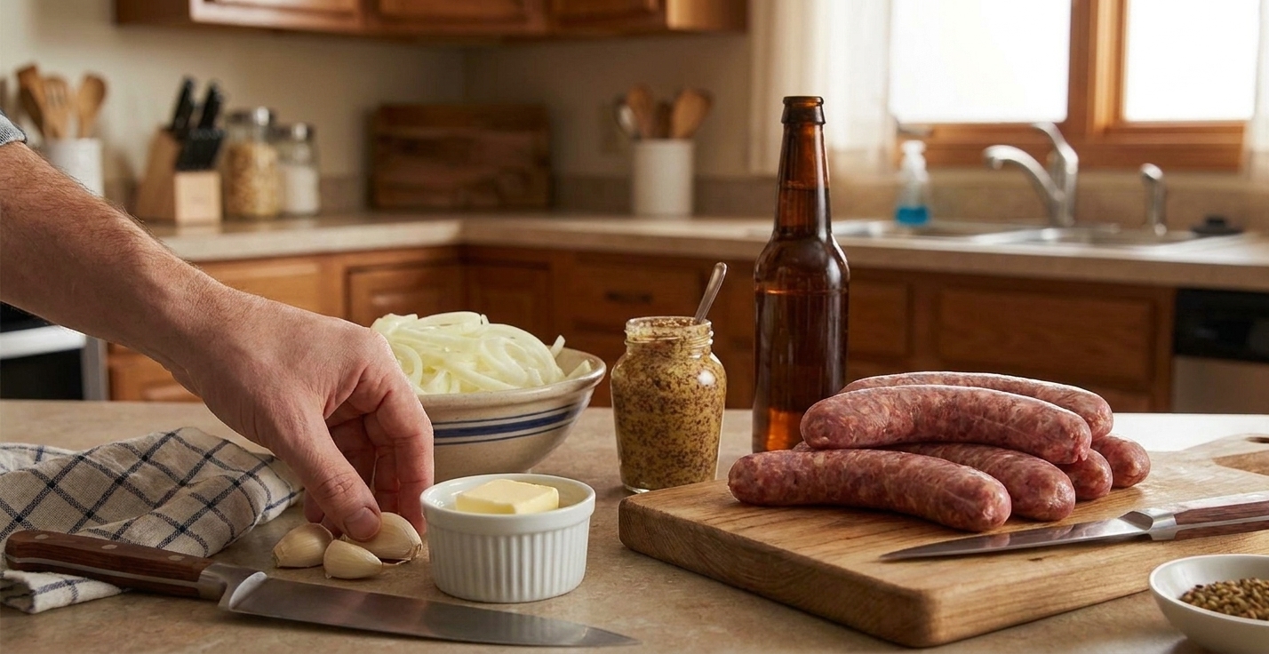 Raw bratwurst links, sliced onions, garlic, mustard, butter, and a bottle of beer arranged on a kitchen counter with a cutting board