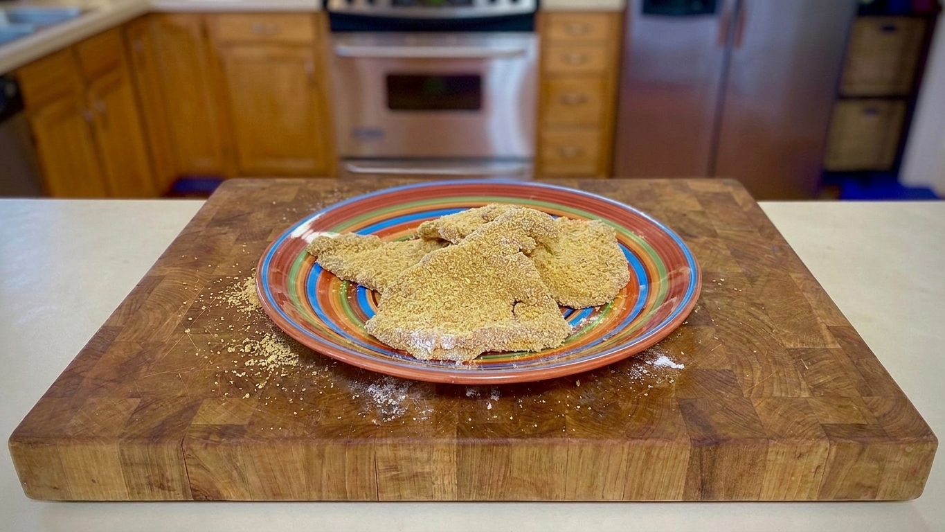 Raw breaded schnitzel cutlets resting on a plate before frying