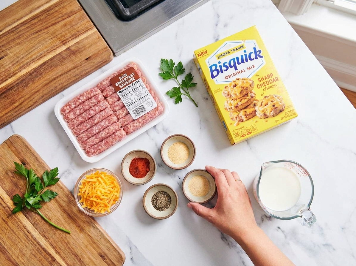 Raw breakfast sausage, Bisquick mix, shredded sharp cheddar, milk, and small bowls of spices arranged on a tidy kitchen counter