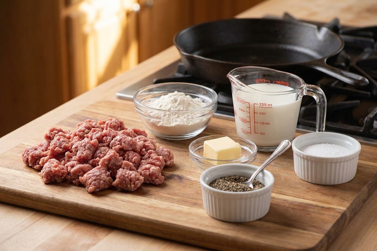 Raw breakfast sausage, flour, milk, butter, black pepper, and salt measured out on a clean kitchen counter with warm natural light