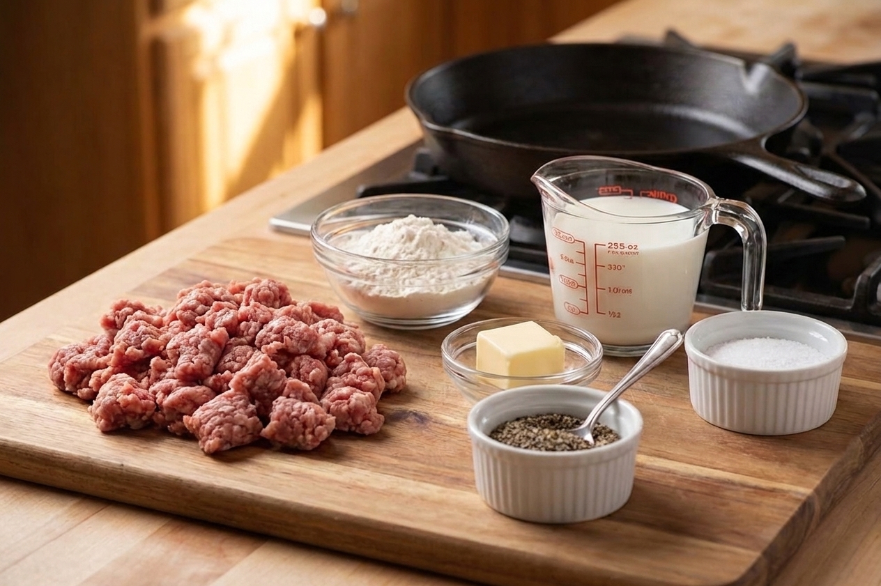 Raw breakfast sausage, flour, milk, butter, black pepper, and salt measured out on a clean kitchen counter with warm natural light