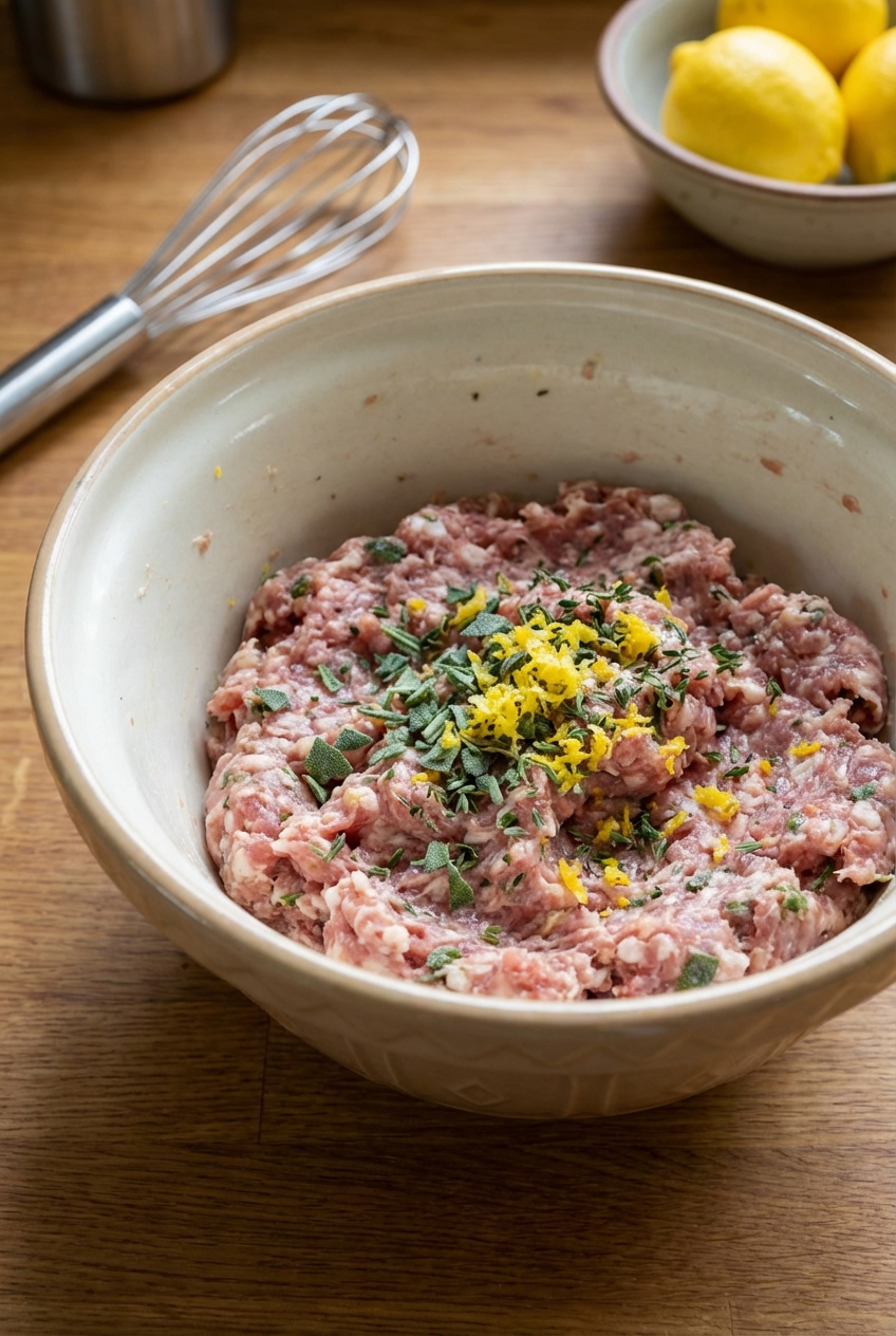Raw breakfast sausage mixture in a bowl with visible chopped herbs and lemon zest