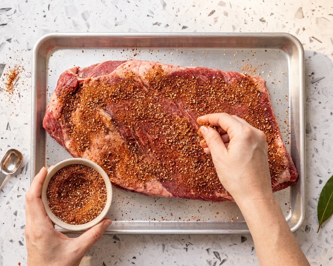 Raw brisket on a rimmed sheet pan while hands sprinkle an even layer of dry rub over the surface